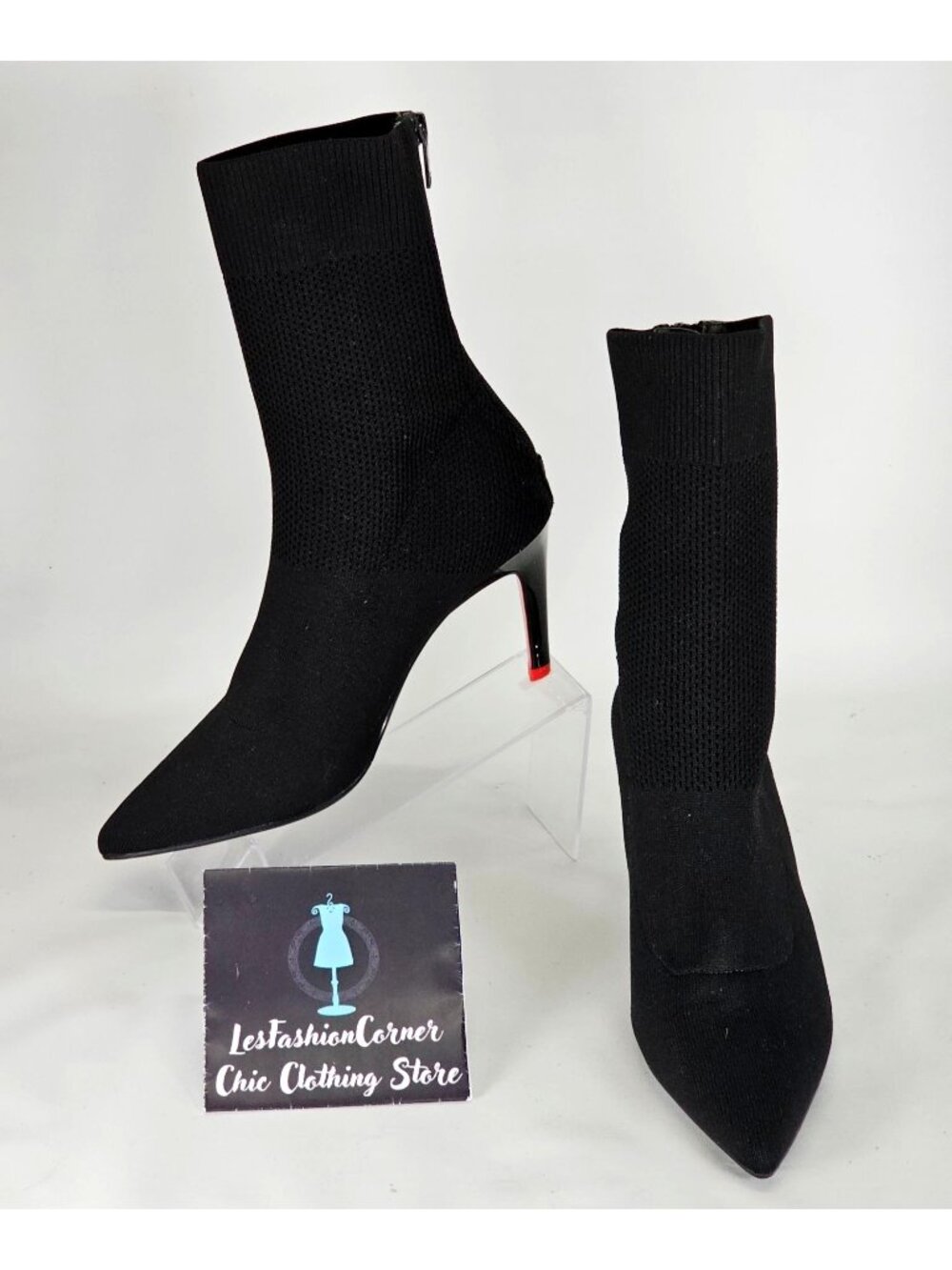 Staccato Women's Black Knit Pointed Toe Mid Socks Boots Red Heels Sz 9.5 40 314